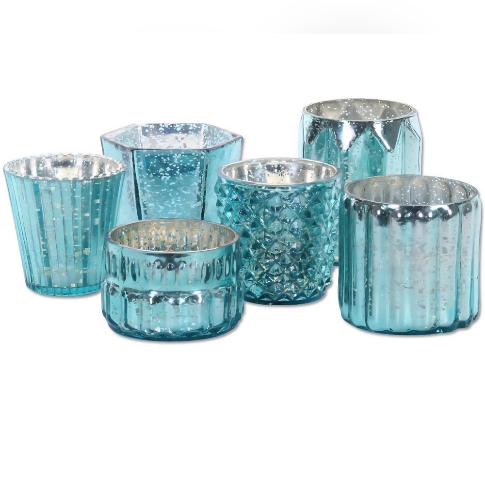 Set of 6 - Mint Green Mercury Glass Votive Candle Holders